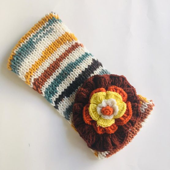Kışlık, El Örgüsü, Çiçekli Saç Bandı / Bandana (Ebruli)