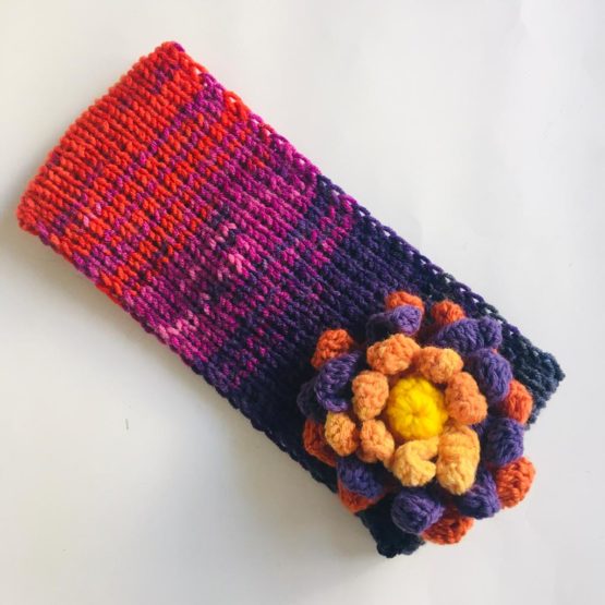Kışlık, El Örgüsü, Çiçekli Saç Bandı / Bandana (ebruli mor)