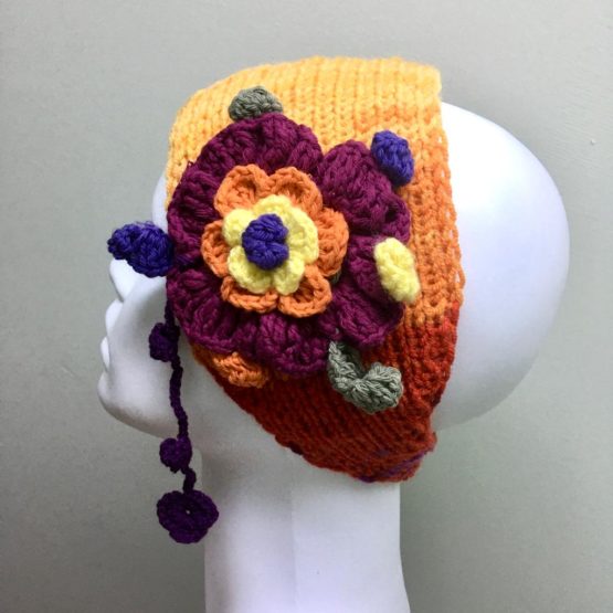 Kışlık, El Örgüsü, Çiçekli Saç Bandı / Bandana (püsküllü)